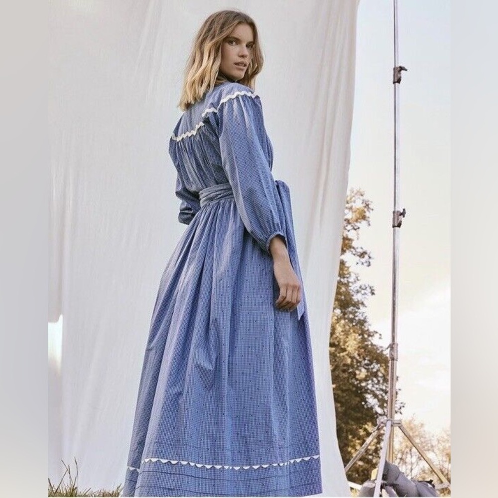 Like-new WIGGY KIT Belted V-neck Cotton-gingham Midi Dress Navy Prairie Dress